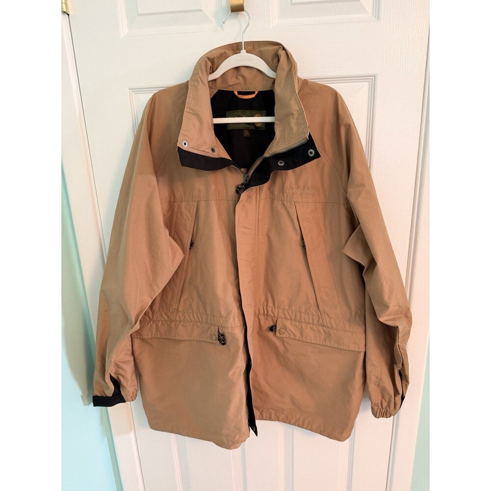Timberland Men's Rain Coat XXL Zipper Close Pockets Hat Hood Tan 2XL